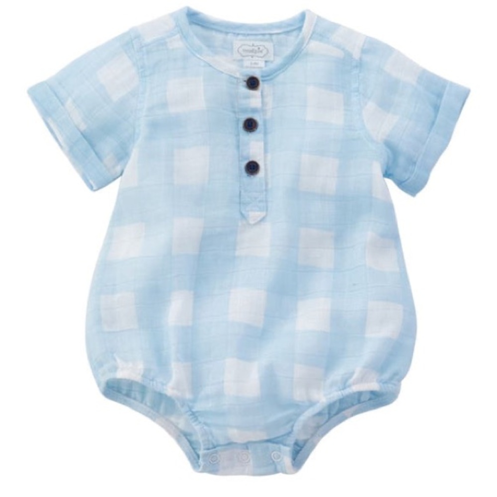 MudPie Gingham Baby Boy Smock Bubble Romper Size 3-6 months